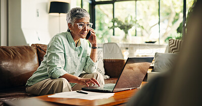 Buy stock photo Budget, finance or senior woman with phone call by laptop for annuity fund, tax planning or banking. Wealth, old person and talking to consultant in home for retirement savings account or bills query