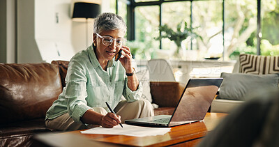 Buy stock photo Phone call, laptop and mature woman writing notes for pension, planning and funds in home. Computer, cellphone and senior female person with discussion for investment document or account update