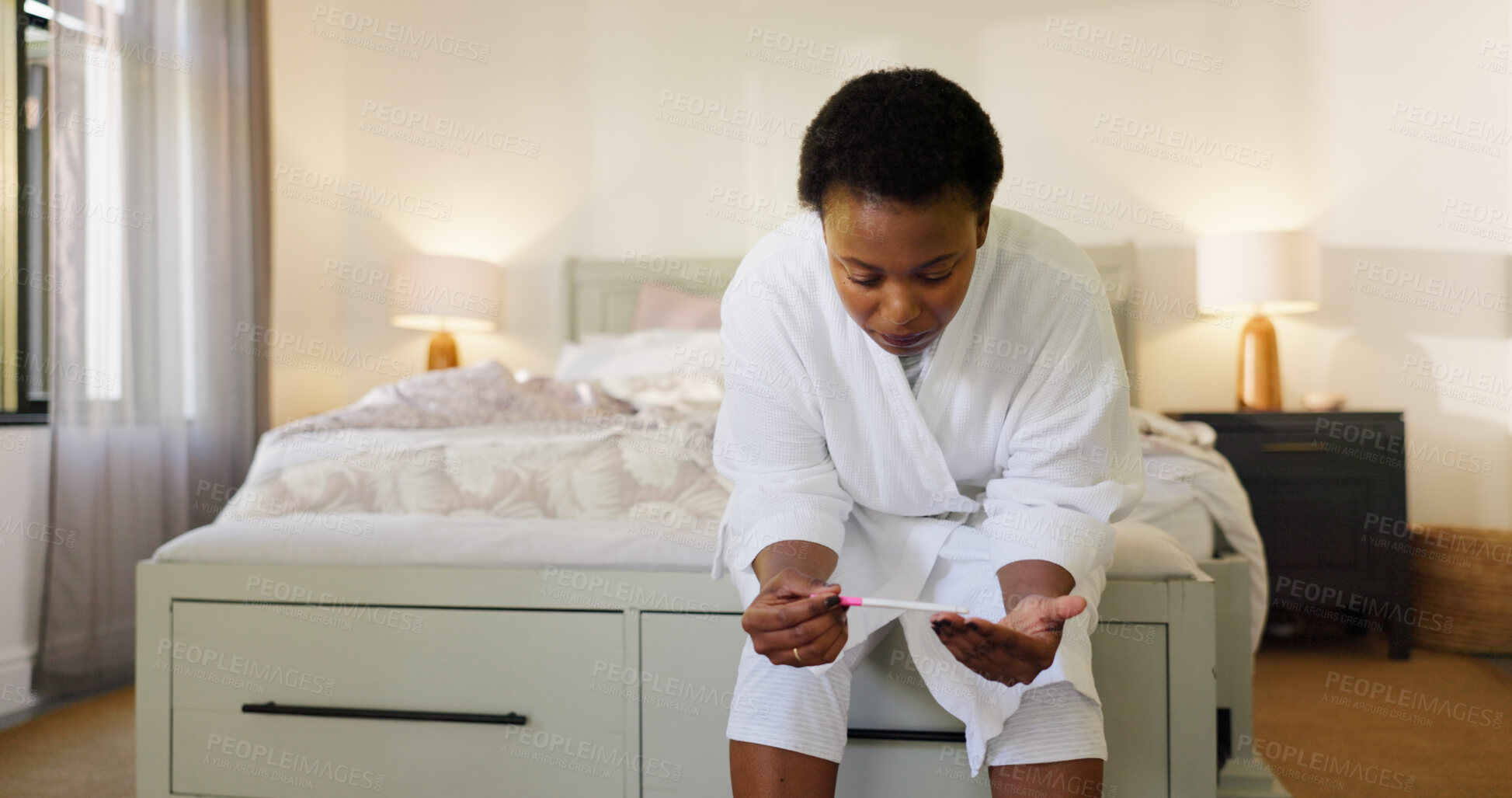 Buy stock photo Reading, results and woman with pregnancy test, bedroom or expectant mother with confirmation stick. Review, info and black person with home exam kit, IVF and tool for outcome of fertility treatment