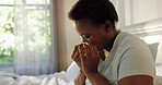 Blowing nose, sick or black woman in bed with allergy, cold and flu in home with illness. Infection, virus or African female person with tissue paper for mucus, sneeze or fever with symptoms or germs