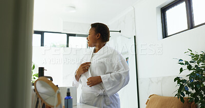 Buy stock photo Happy, mirror and black woman in morning in bathroom for cleaning, washing and grooming. Daily routine, beauty and person with cosmetics for skincare, hygiene and wellness for health in house