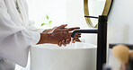 Bathroom, woman and washing hands with water for hygiene, germ prevention and cleaning skin. Tap, soap and person in home for disinfection, bacteria and virus removal for health with morning routine