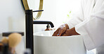 Hygiene, woman and washing hands with water to clean skin or germ protection in bathroom. Tap, cleanse or person in home for disinfection, bacteria or virus prevention for health with morning routine