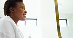Below, mirror and black woman with skincare, smile or morning routine with dermatology. Home, reflection or African person in bathroom, happiness or grooming with wellness, anti aging or healthy skin