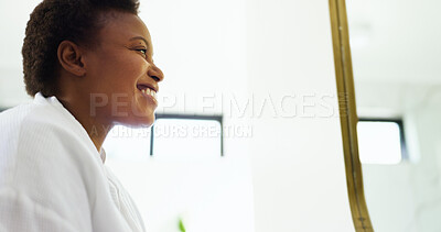 Buy stock photo Below, mirror and black woman with skincare, smile or morning routine with dermatology. Home, reflection or African person in bathroom, happiness or grooming with wellness, anti aging or healthy skin