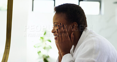 Buy stock photo Mirror, facial skincare and black woman in bathroom for glow, beauty and morning routine. Reflection, dermatology and happy person in home to apply moisturizer, cosmetics or results with smooth skin