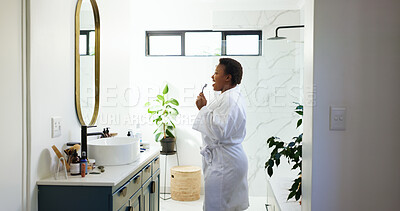 Buy stock photo Bathroom, woman or singing with toothbrush in mirror for brushing teeth, oral health or karaoke. Morning routine, happy or black person with music playlist in home for getting ready or dental hygiene