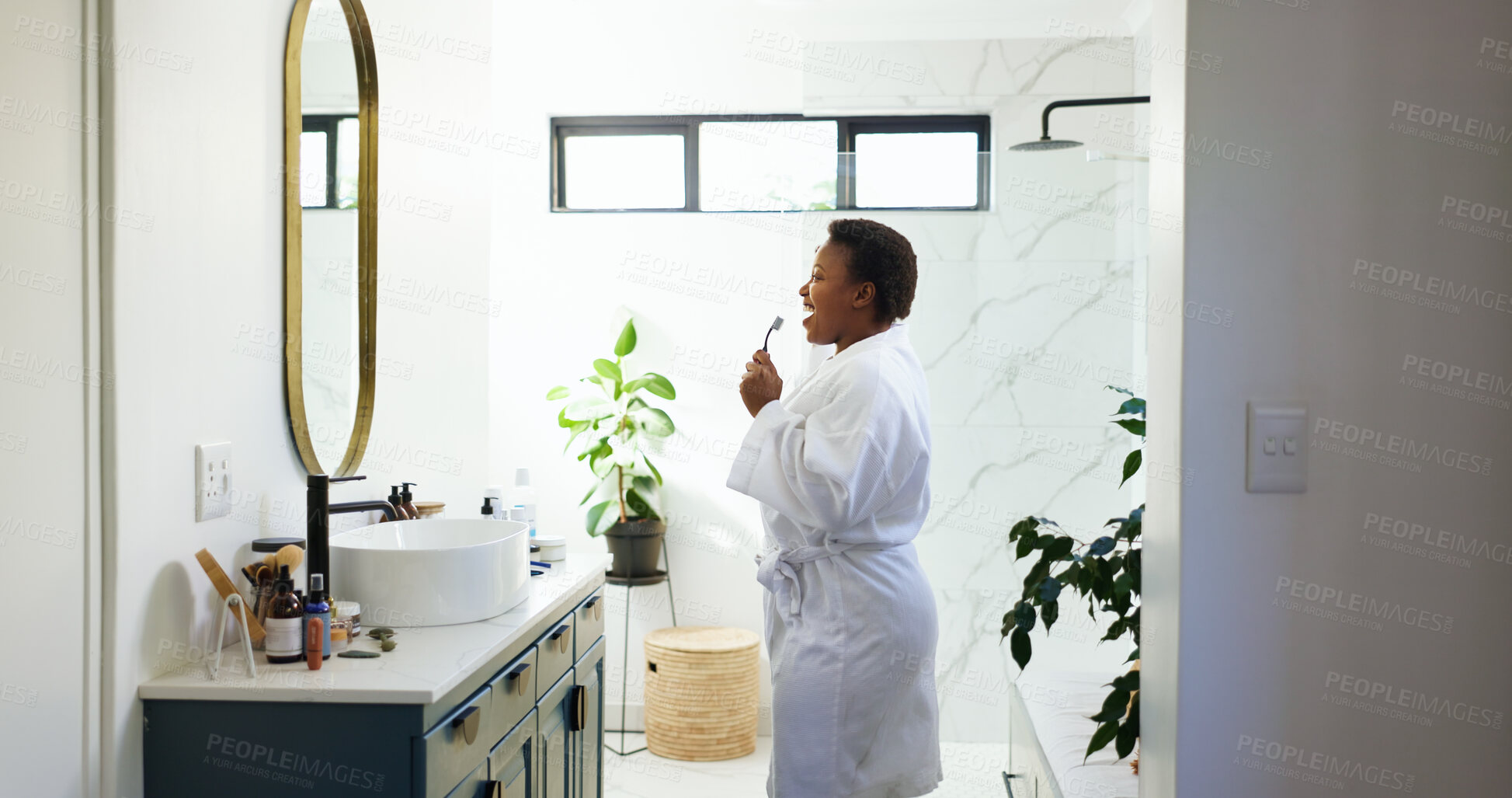 Buy stock photo Bathroom, woman or singing with toothbrush in mirror for brushing teeth, oral health or karaoke. Morning routine, happy or black person with music playlist in home for getting ready or dental hygiene