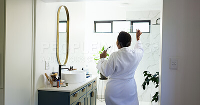 Buy stock photo Home, woman or dancing with toothbrush in bathroom for brushing teeth, oral health or music playlist. Morning routine, back and person with energy for getting ready, dental hygiene and radio audio