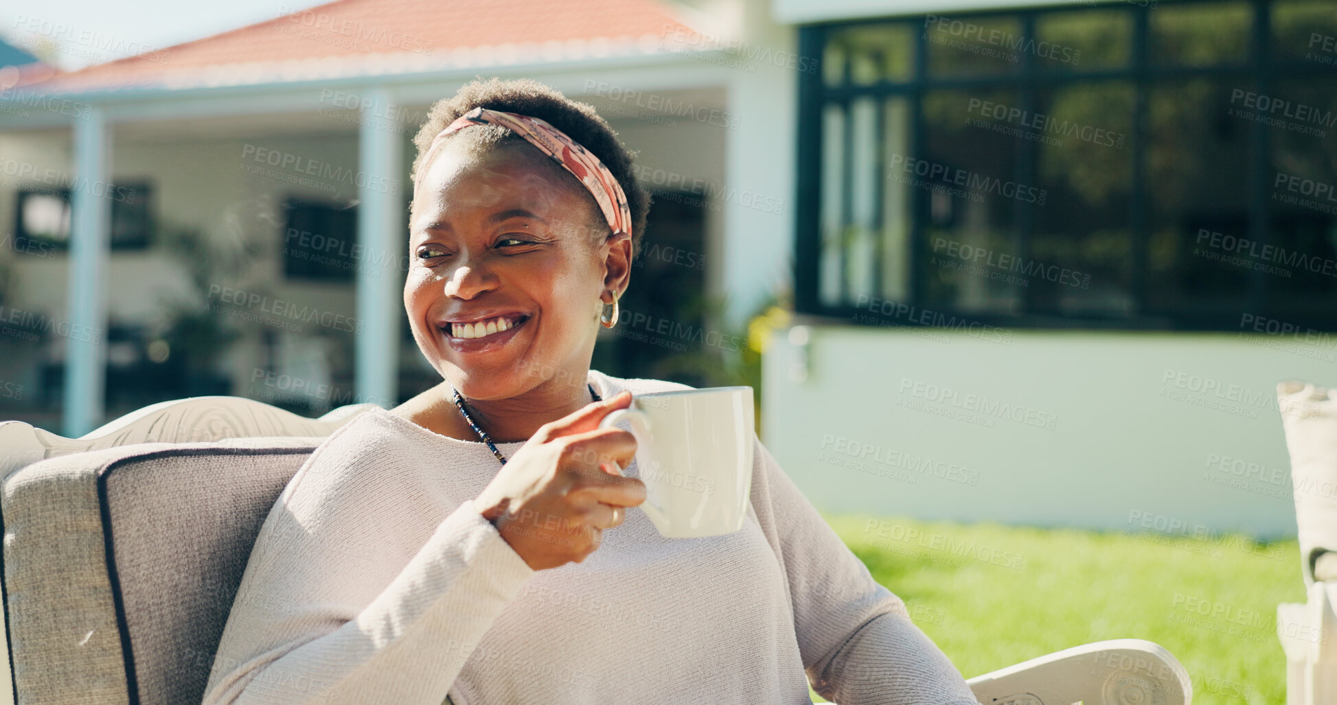 Buy stock photo Coffee, thinking and black woman in backyard in morning with memory, reflection or nostalgia at house. Happy, ideas and African female person with cappuccino for peace, calm or relax in home garden.