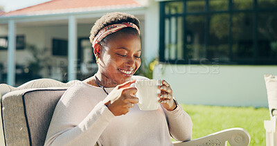 Buy stock photo Coffee, thinking and black woman outdoor in morning with memory, reflection or nostalgia at house. Happy, ideas and African female person with cappuccino for peace, calm or relax in home backyard.