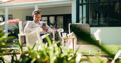 Buy stock photo Reading, surprise or black woman with phone in backyard on social media story or online blog. Guest house, outdoor or shocked person with mobile for fake news or discount on accommodation website