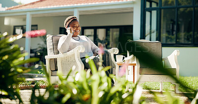 Buy stock photo Phone call, relax and black woman in backyard for talking, contact and connection in house. Weekend, garden and happy person outdoor on smartphone for communication, networking and conversation