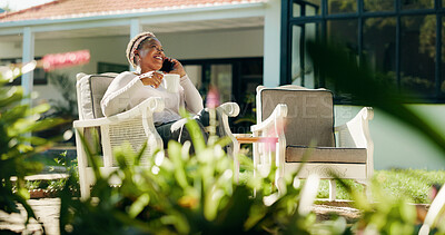 Buy stock photo Phone call, happy and black woman in backyard to relax for talking, contact and connection. Weekend, garden and person outdoor on smartphone for communication, networking and conversation in house