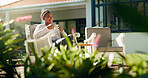 Thinking, coffee and happy woman by home outdoor for relax, peace and calm with inspiration. Tea, thoughts and African person at house for vision, daydreaming or reflection with optimism at backyard