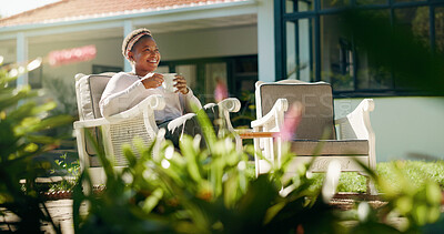 Buy stock photo Thinking, coffee and happy woman by home outdoor for relax, peace and calm with inspiration. Tea, thoughts and African person at house for vision, daydreaming or reflection with optimism in backyard