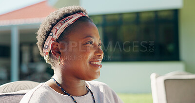 Buy stock photo Happy, thinking and black woman outdoor with memory, reflection or positive nostalgia in backyard. Smile, ideas and African female person with decision, choice or relax in home garden in morning.