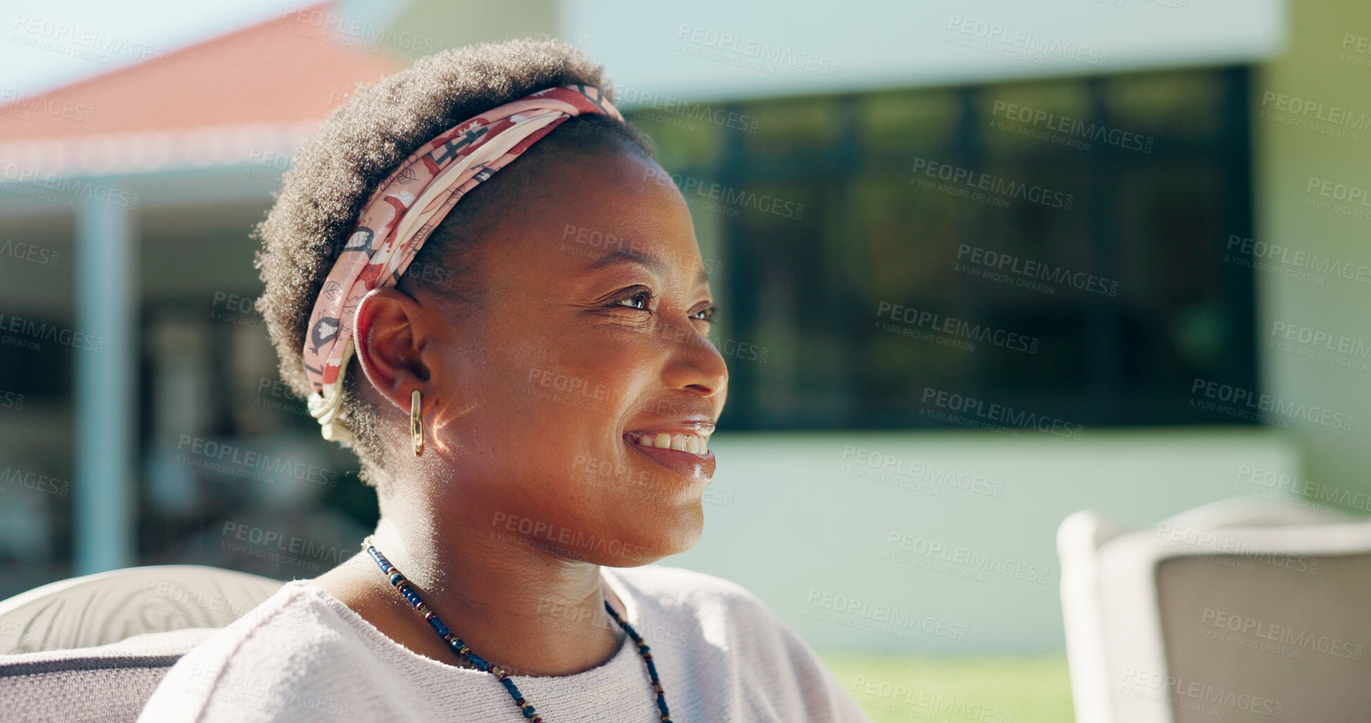 Buy stock photo Happy, thinking and black woman outdoor with memory, reflection or positive nostalgia in backyard. Smile, ideas and African female person with decision, choice or relax in home garden in morning.