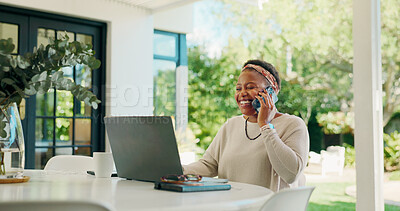 Buy stock photo Phone call, laptop and smile with black woman in home for banking loan, virtual consultant and review. Online application, mortgage and budget report with person outdoor for asset and planning