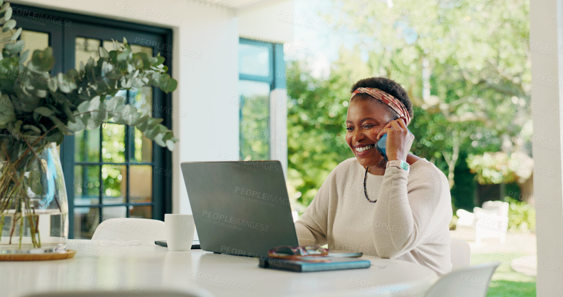Buy stock photo Phone call, laptop and planning with black woman in home for banking loan, virtual consultant and review. Online application, communication or budget report with person outdoor for asset and research