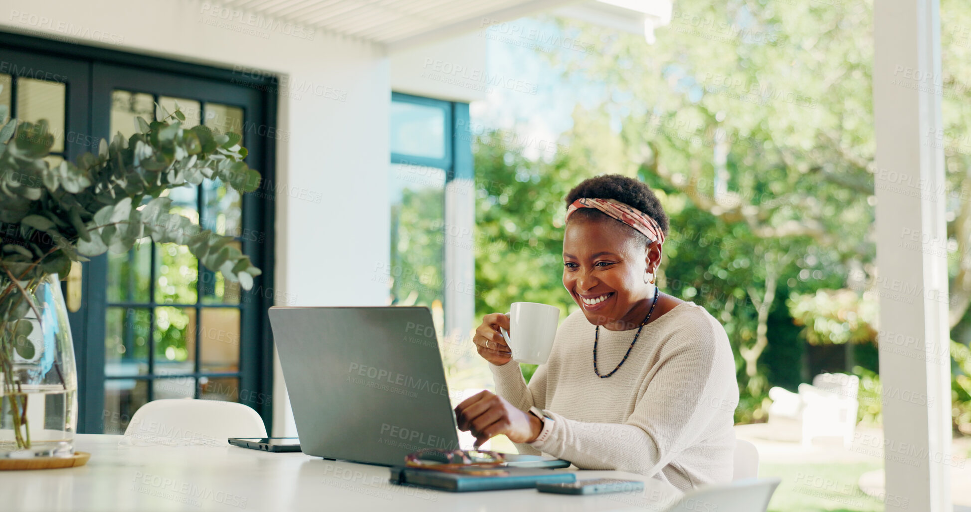 Buy stock photo Coffee, laptop and smile with black woman in home for banking loan, wealth management and review. Online application, mortgage and budget report with person outdoor for drink, research and planning