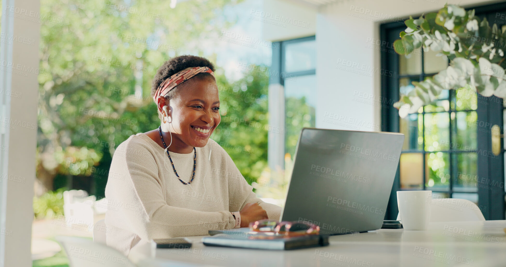 Buy stock photo Reading, laptop and smile with black woman in home for banking loan, wealth management and review. Online application, mortgage and budget report with person outdoor for asset, research and planning
