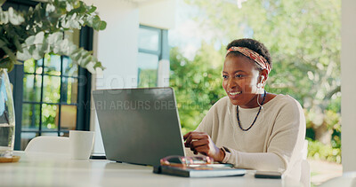 Buy stock photo Earphones, laptop and smile with black woman in home for banking loan, virtual consultant and review. Online application, broker meeting and budget report with person outdoor for asset and planning