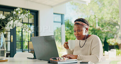 Buy stock photo Laptop, coffee and black woman with earphones for remote work, creative career and copywriting. Backyard, music and person on computer for online review, article and digital magazine with drink