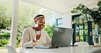 Happy, black woman and winning with laptop for good news, online getaway or prize at home. Excited, female person or celebration with smile on computer for bonus, accommodation or deal at house