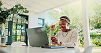 Video call, remote work and happy woman on laptop in home for contact, online chat and virtual meeting. Communication, freelancer and African person for discussion, talking and webinar on patio