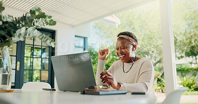 Buy stock photo Video call, remote work and happy woman on laptop in home for contact, online chat and virtual meeting. Communication, earphones and African person for discussion, talking and webinar on patio