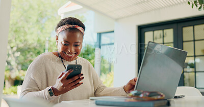 Buy stock photo Remote work from home, smartphone and black woman with laptop, smile and copywriting. African person, writer and journalist with PC, cellphone and message to contact, social media and online reading
