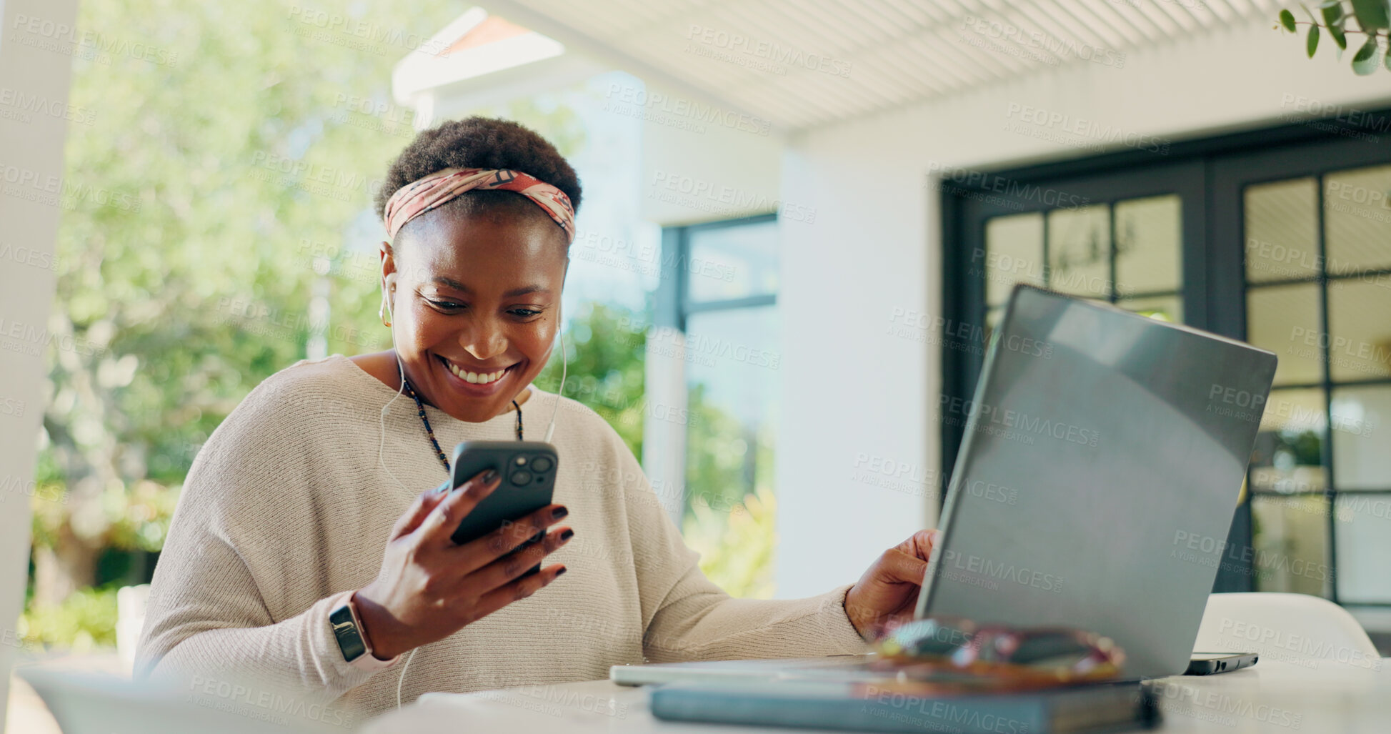 Buy stock photo Remote work from home, smartphone and black woman with laptop, smile and copywriting. African person, writer and journalist with PC, cellphone and message to contact, social media and online reading