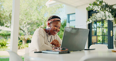 Buy stock photo Video call, remote work and black woman on laptop in home for contact, online chat and virtual meeting. Communication, creative freelancer and earphones for discussion, talking and webinar on patio