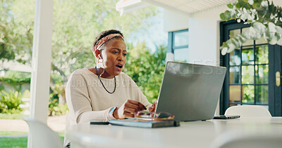Buy stock photo Remote work from home, shocked and black woman with laptop, mistake and bad news. African person, apartment and freelancer with computer, surprise and internet glitch virus with risk, email or fear