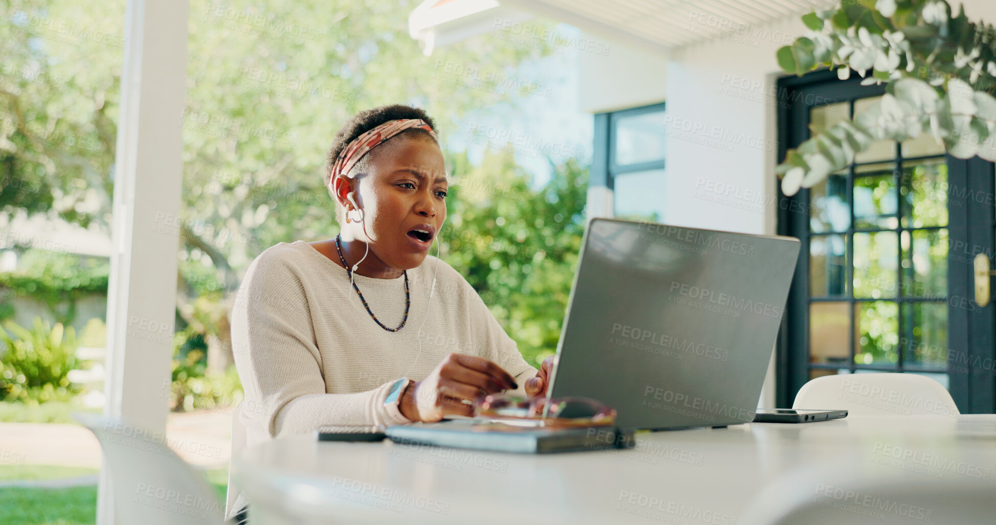 Buy stock photo Remote work from home, shocked and black woman with laptop, mistake and bad news. African person, apartment and freelancer with computer, surprise and internet glitch virus with risk, email or fear
