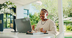 Excited, black woman and winning with laptop for good news, prize or online bonus at home. Happy, female person or celebration with smile in joy on computer for success, deal or promotion at house