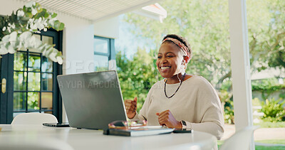 Buy stock photo Happy, black woman and video call with laptop for conversation or communication in backyard. Female person, computer and discussion with smile or earphones for chat, app or webinar on outdoor patio