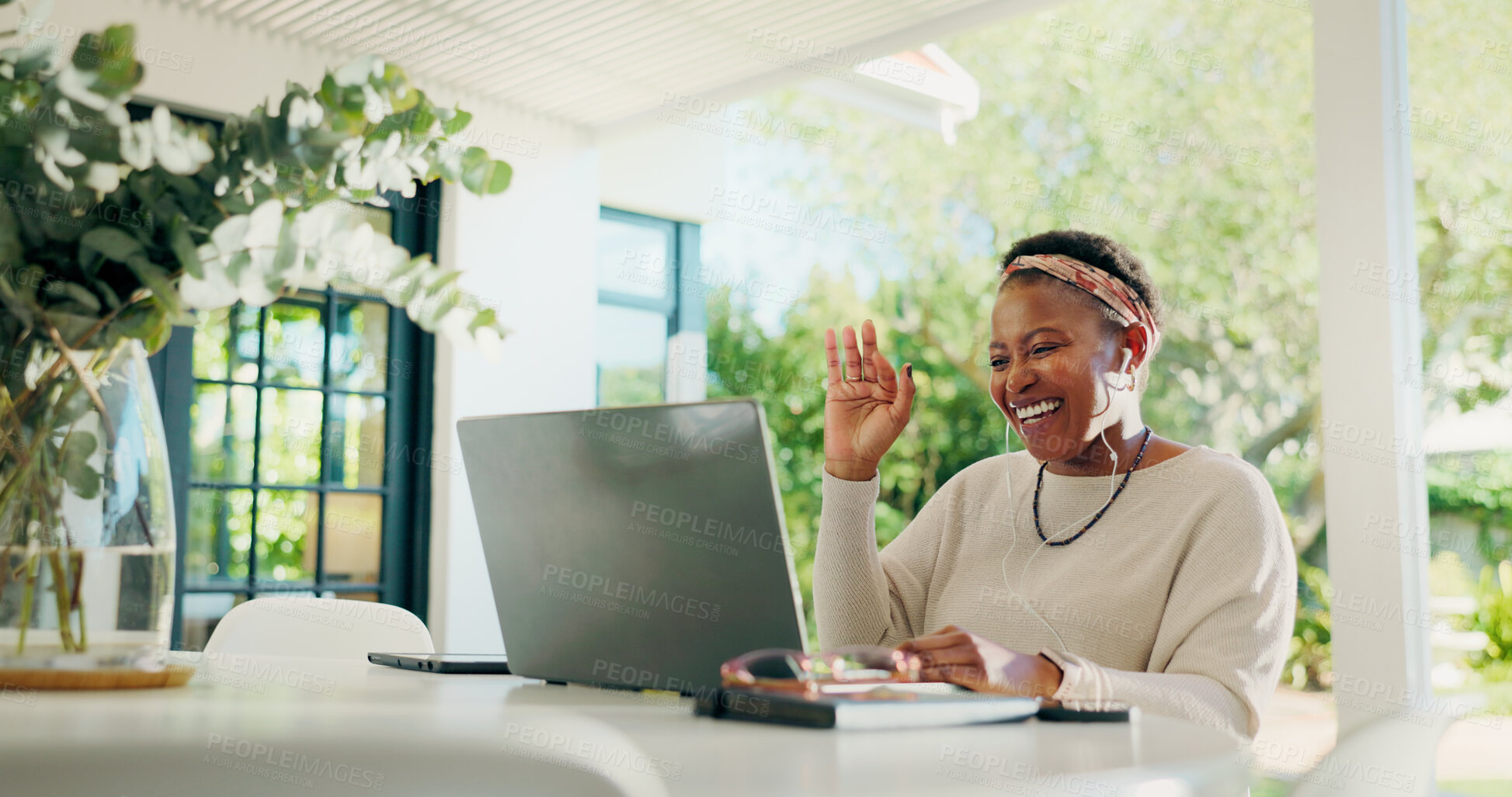 Buy stock photo Happy, black woman and wave with laptop for video call, communication or discussion at home. Female person, smile and talking with computer for virtual chat, conversation or hello on outdoor table
