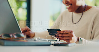 Buy stock photo Black woman, hands and credit card with laptop for online shopping, payment or banking at home. Female person, shopper or smile with computer for ecommerce, virtual purchase or remote transaction