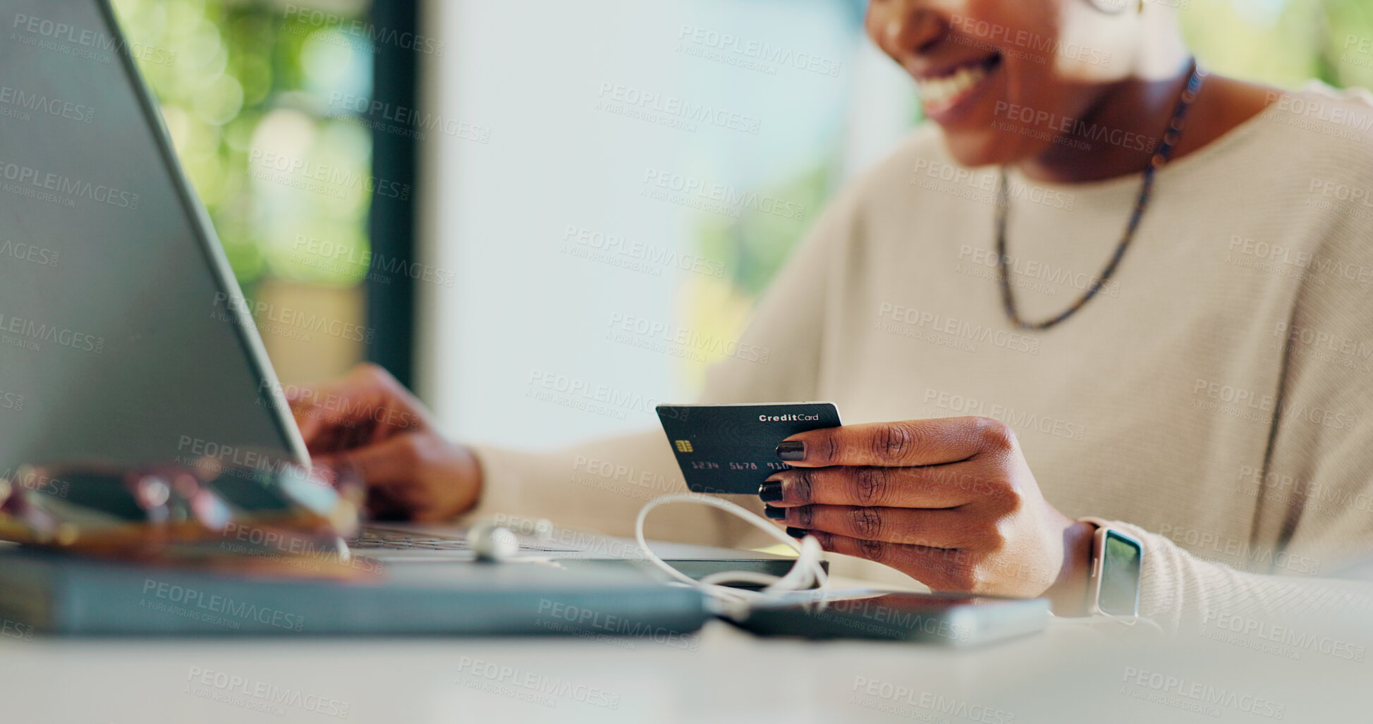 Buy stock photo Black woman, hands and credit card with laptop for online shopping, payment or banking at home. Female person, shopper or smile with computer for ecommerce, virtual purchase or remote transaction