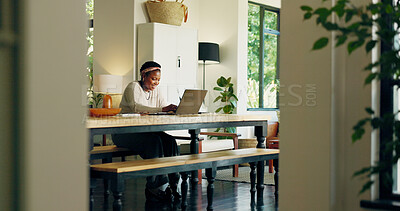 Buy stock photo Black woman, laptop and remote work from home with typing, smile and review for project on web. African person, copywriting and happy for freelance job, computer and editing process at apartment