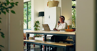 Buy stock photo Phone call, computer and black woman in home for remote work, virtual assistance and consulting. Happy, house and person on laptop talking on smartphone for communication, contact and online project