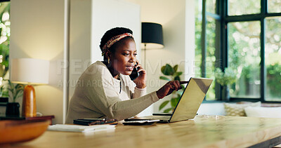 Buy stock photo Phone call, laptop and black woman for remote work, planning and virtual assistance. Consultant, house and person on computer talking on smartphone for communication, contact and online project