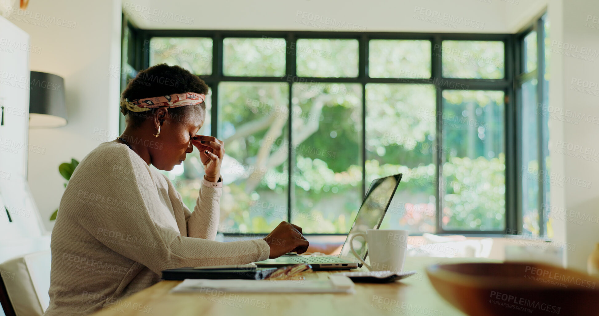 Buy stock photo Burnout, black woman and headache with laptop in remote work with brain fog, pressure or tension. Home, freelancer and uncomfortable migraine with stress, fatigue and overwhelmed with deadline