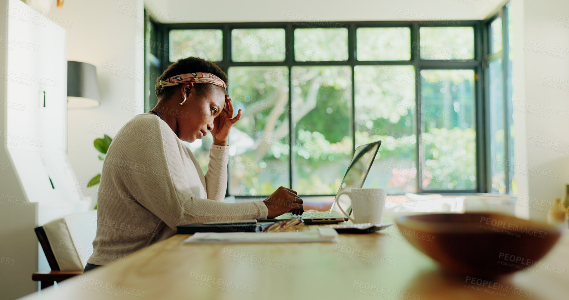 Buy stock photo Tired, black woman and headache with laptop in remote work with brain fog, pressure or stress. Home, pain or freelancer with uncomfortable migraine with crisis, fatigue and overwhelmed with deadline