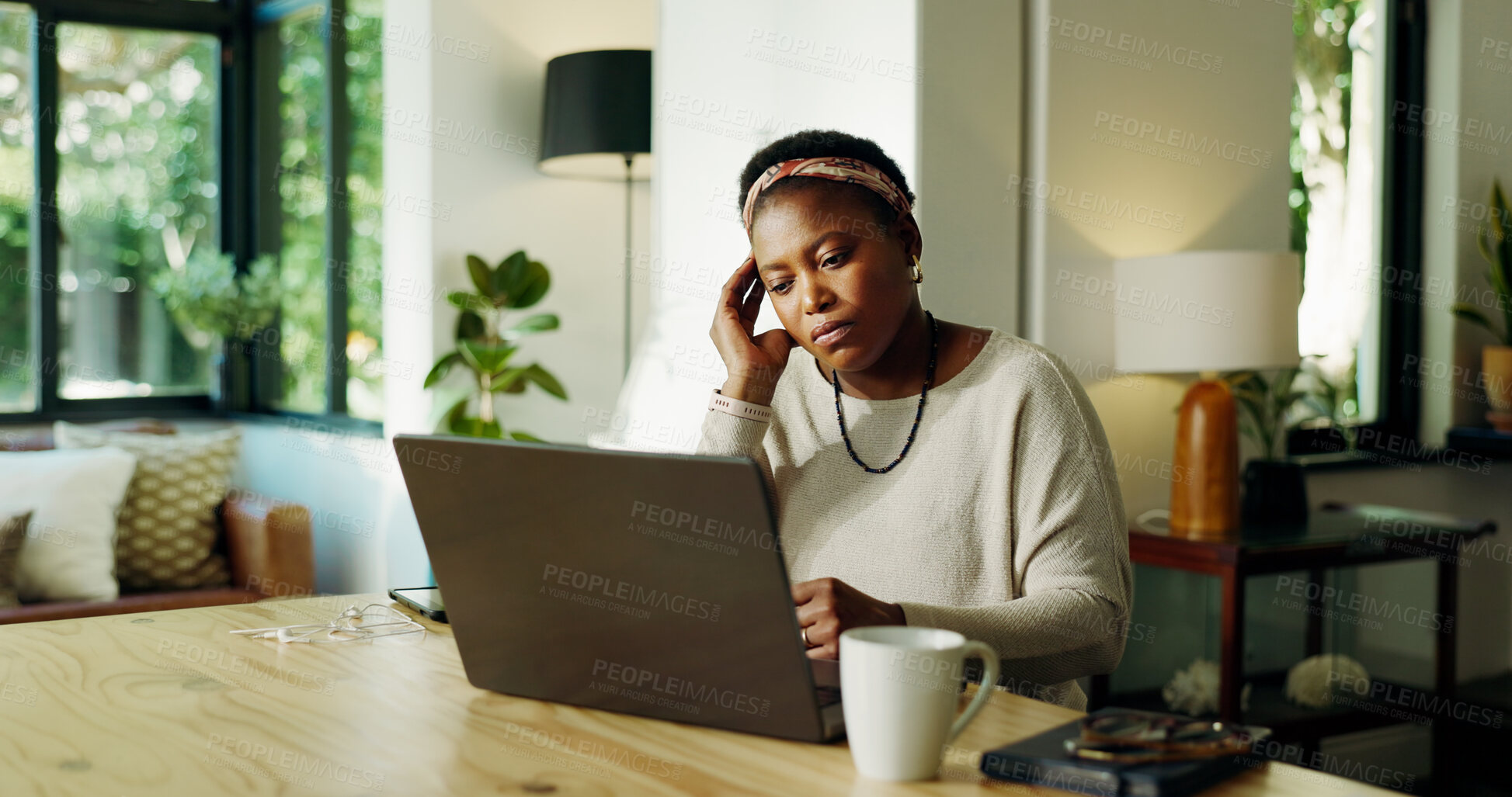 Buy stock photo Tired, migraine or black woman with laptop in remote work with brain fog, pressure or pain. Home, fail or freelancer with uncomfortable headache for stress, fatigue and overwhelmed with deadline