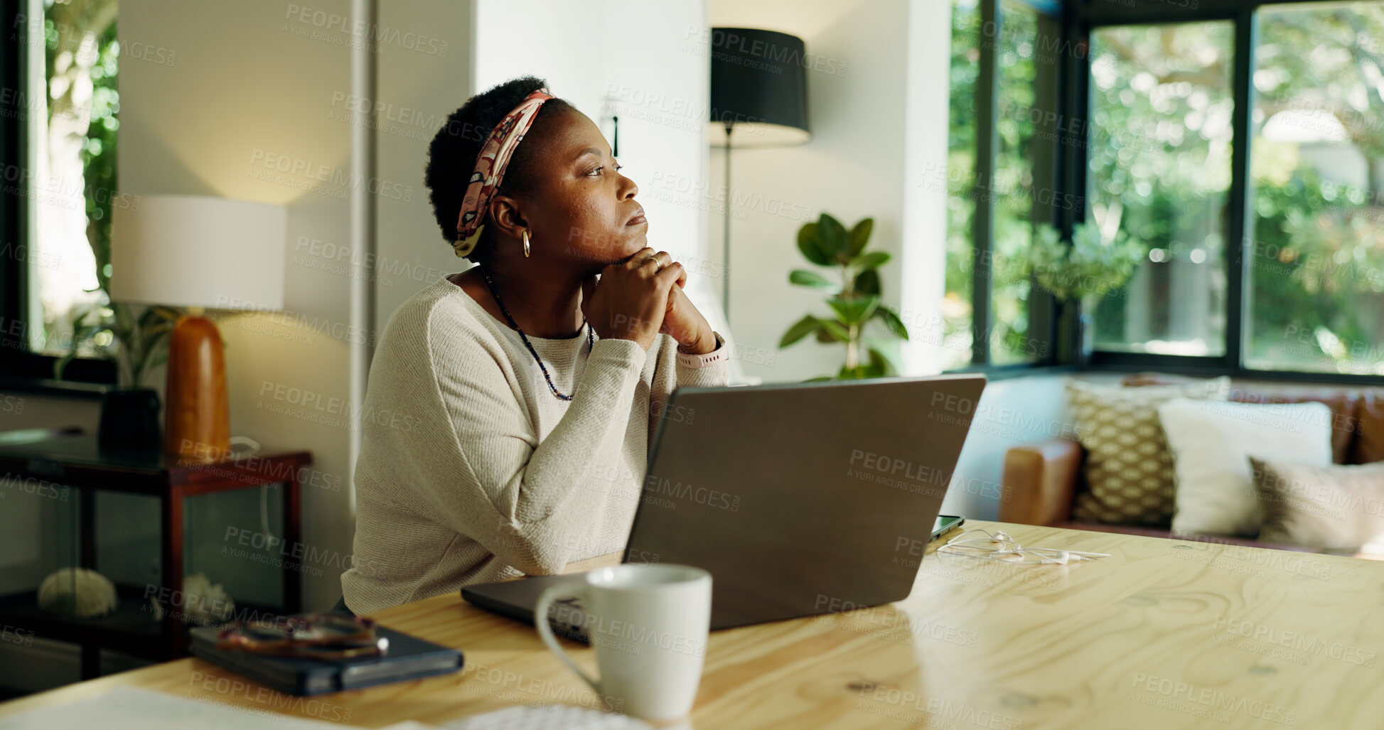 Buy stock photo Remote work, laptop or black woman with thinking in home for creative inspiration, planning or ideas. Freelancer, journalist and tech with insight for article brainstorming and submission decision