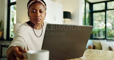 Buy stock photo Black woman, remote work and coffee with laptop at house for work break, article and morning start. Female freelancer, beverage and espresso with PC of journalism, creative story and news publication