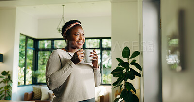 Buy stock photo Thinking, coffee and happy black woman in home for relax, peace or calm with mindset on weekend. Tea, thoughts and African person at house for vision, daydream or reflection of decision in lounge
